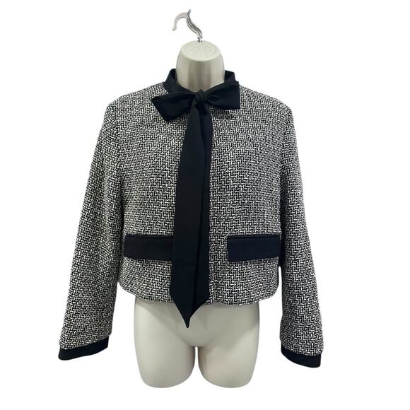 ZARA TWEED BOUCLE TRIM TEXTURED BLAZER JACKET WITH BOW SZ L PREPPY OLD MONEY - Picture 9 of 15